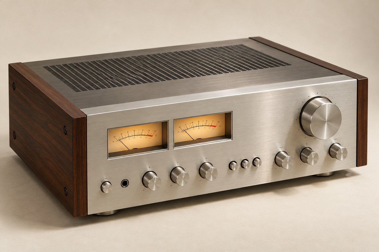 Illustrative silver Japanese-style vintage amplifier with analog meters